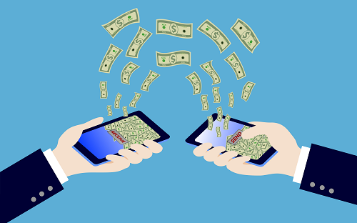 illustration of phones sending cash to each other and hold by hands