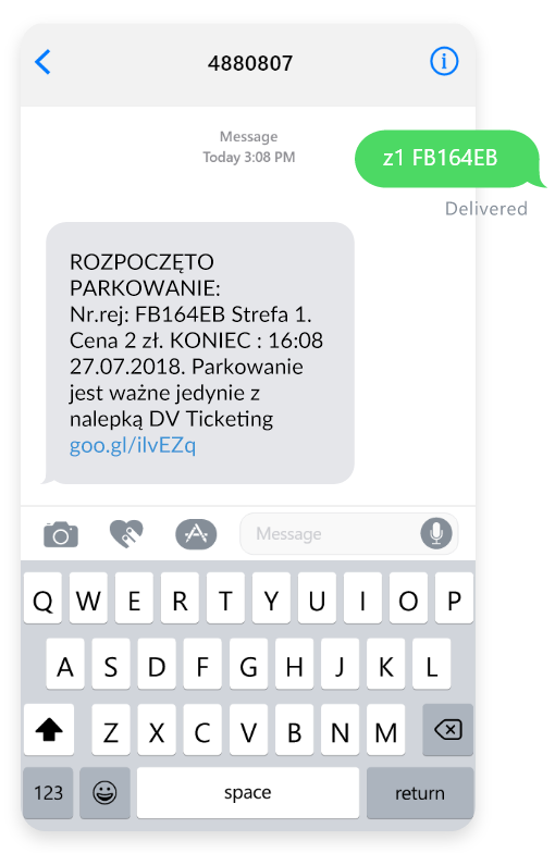 Srreen of second step of DV Ticketing Parking solution. Receive sms link confirmation